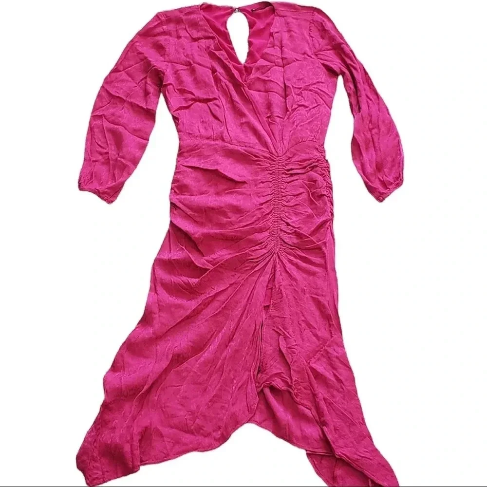 Krisa Pink High Low Surplice Side Ruched Dress Medium